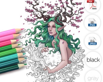 Adult Coloring Page Fantasy Cherry Blossom Tree