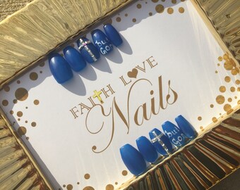 Blue Matte Press On Nails | Fake Nails | False Nails | Reusable Nails | Hand Painted Nail Art | Press On Stiletto Nails