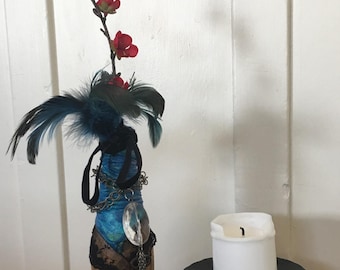 ALTERED WINE BOTTLE, Wine Bottle Vase, Bud Vase, Unique Vase, Centerpiece, Mixed Media & Collage