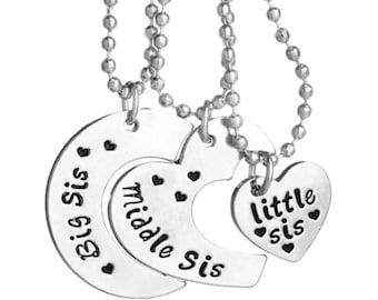 New Hand Stamped Big Sis, Middle Sis, Little Sis .925 Silver Necklace Set