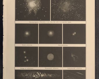 1888.Astronomy.Antique print.STARS and NEBULAE and their forms,8.6x12.3 ins. or 22x31,5 cm. Chromolithograph.Antique astronomy.