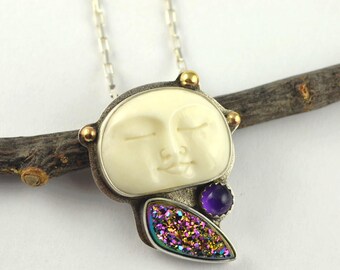 Moonface Pendant, Carved Face Pendant, Druzy Pendant, Metalsmith Pendant