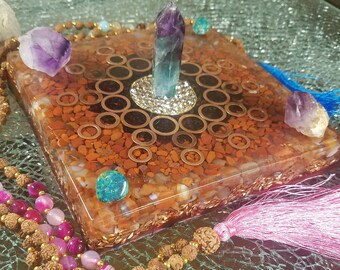 NEW ITEM! 6" X 1" Fire Agate, Red Jasper, and Garnet Orgone Energy Charging Plate for Chakra System Balancing, Grounding, & Nurturing