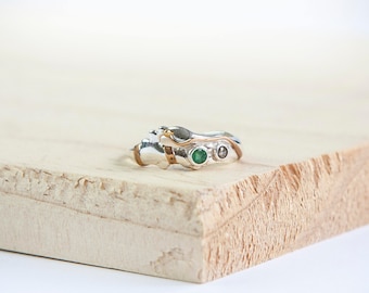 Terra Emerald & Champagne Diamond Ring, Sterling Silver, Emerald Ring, Diamond Ring, Silver Ring, Organic Jewelry, Personalised Ring, Celtic
