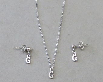 Tiny Initial G Necklace and Earring Set - Gold or Silver Plated