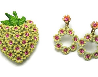 Vintage Rhinestone Strawberry Brooch and Earring Set