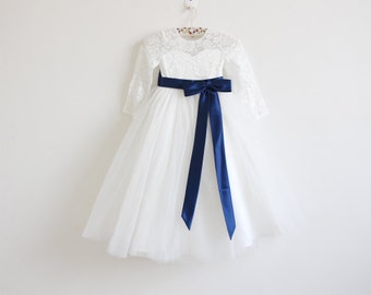 Light Ivory Long Sleeves Flower Girl Dress Ivory Baby Girls Dress Lace Tulle Flower Girl Dress With Navy Sash/Bows Floor-length