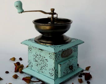 Coffee grinder Shabby Chic blue Manual grinder Shabby Chic Decor Shabby Turquoise Coffee gift Vintage coffee mill Wooden grinder Old mill