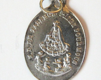 Antique Thin Sterling Silver Tiny Our Lady of Talence 1842 French 1900 Religious Medal Charm Pendant
