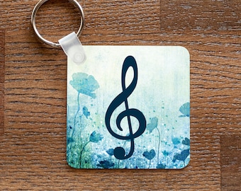 Treble Clef Keychain - Music Themed with Blue Flowers