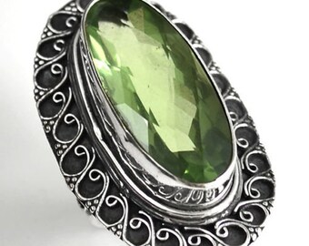 Sterling Silver Amethyst Ring, Silver Ring, Green Amethyst Ring,Green Amethyst,Amethyst,Side Carved, Faceted, Oval .925 Sterling Silver Ring