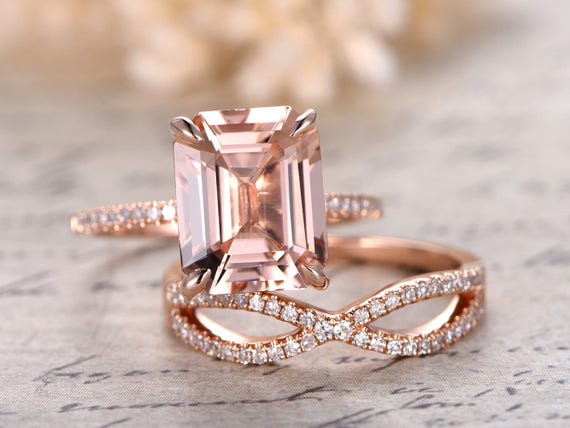 9x11mm Emerald Cut Morganite Ring Set14K Rose Gold Engagement