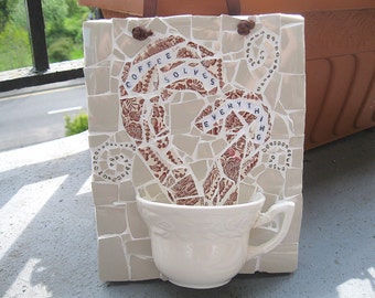 Shabby chic tea cup mosaic plaque - Coffee solves anything - Free post to the UK!