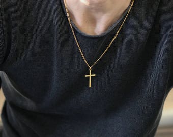 Gold Cross Necklace - Gold Necklace Men - Gold Chain Necklace - Religious Jewelry - Medallion Necklace - Thick Chain Necklace