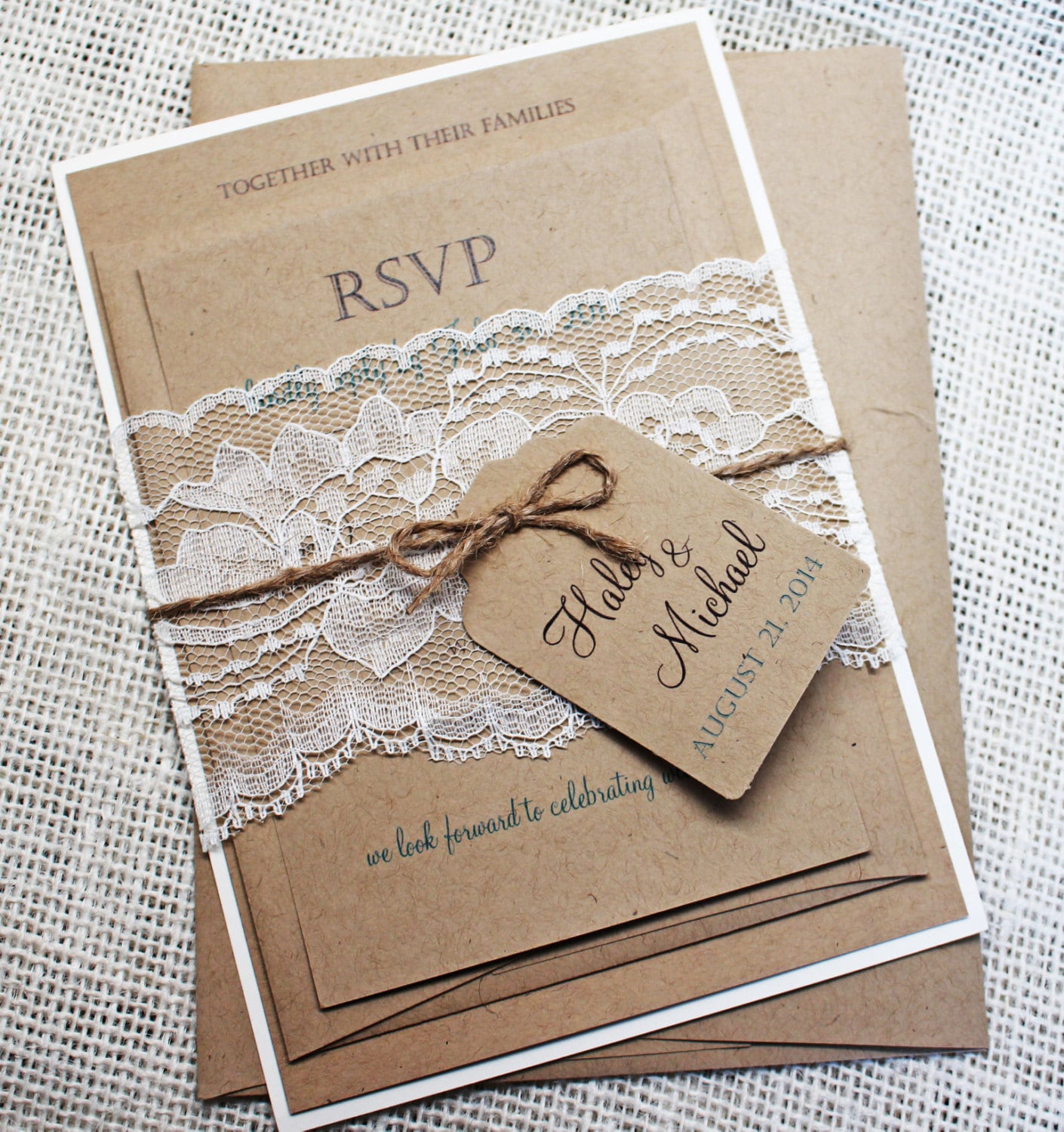 Rustic Wedding Invitation Lace Wedding Invitation kraft