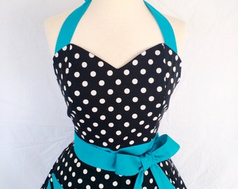 Retro Black and White Polka Dot Apron with Turquoise ties