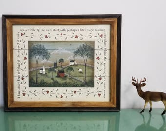 A NewDay, primitive pastoral landscape print; J.B. Priestley quote. Village church sheep. Donna Atkins New England style folk art. FREE Ship