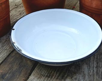 Vintage Enamelware White Bowl with Black Trim