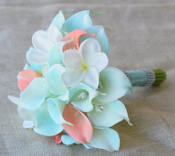 Mint Silk Flower Wedding Bouquet Robbin's Egg and Coral