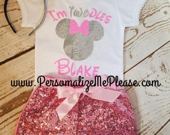 Minnie Mouse Birthday Outfit, Girls Twoodles Birthday 2nd Outfit, Pink and Silver Second Birthday Outfit, Sequin Shorts Birthday Outfit