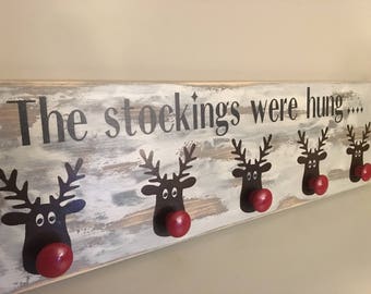 Free Ship Canada & USA - Rustic Distressed on reclaimed Barn Board - Reindeer Rudolph Sign Stocking Hanger holder 7.5" X 24" holder mantel