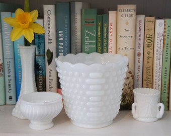 Vintage FireKing Milk Glass Hobnail Planter with Scalloped Edges & Lines