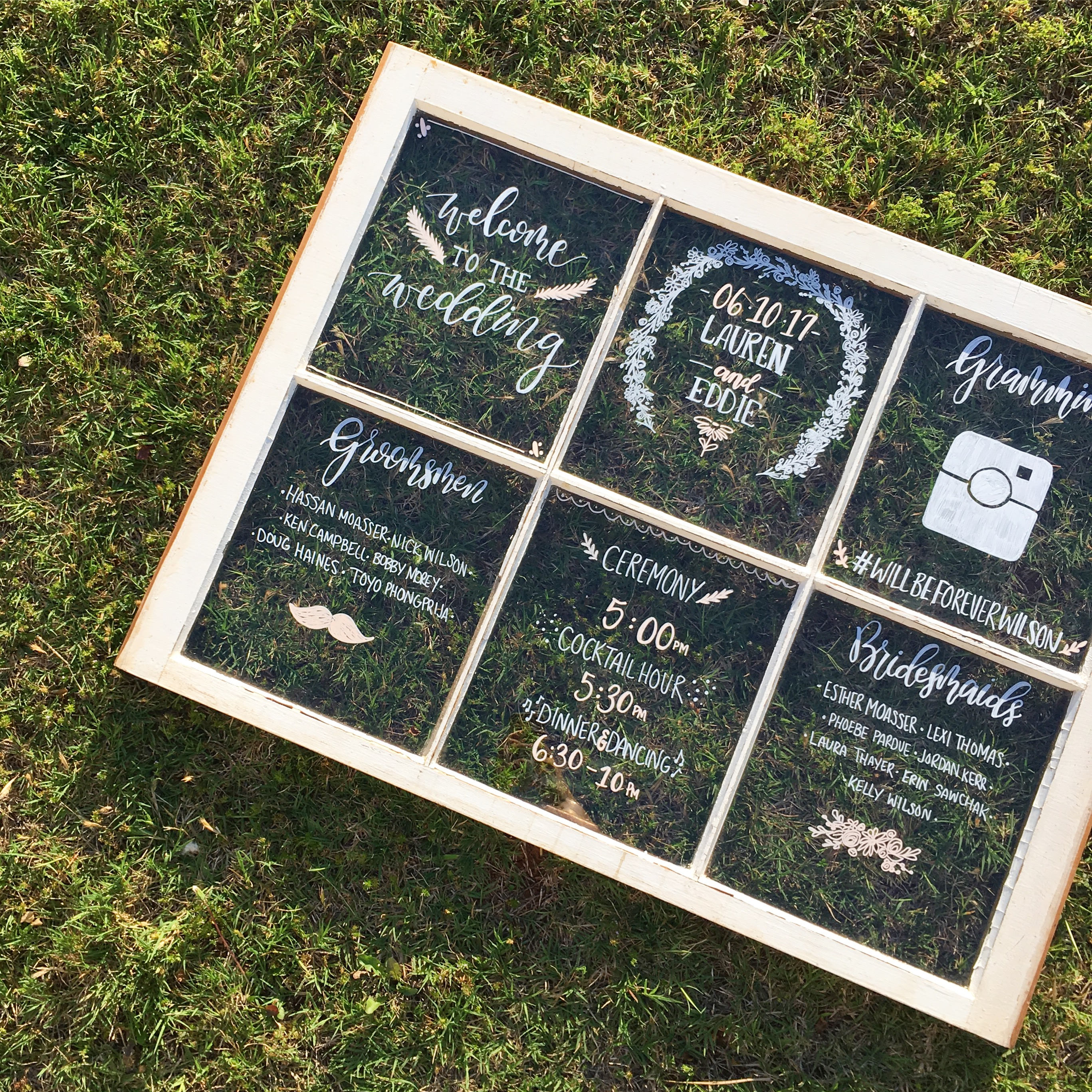 hand lettered rustic wedding window itinerary seating chart window seating chart wedding