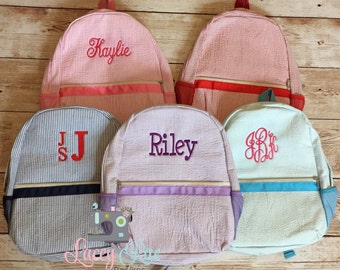 Seersucker Preschool or Toddler Backpack, Pink, Blue, purple, mint, navy, Toddler backpack, Monogrammed backpack, Church Bag, Diaper Bag