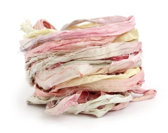 Recycled sari silk ribbon handdyed Unicorn Clouds, 10metre length, textile arts, mixed media, jewellery making, rose pink, lemon pale pastel