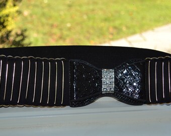 Bow cinch belt ,Wide elastic stretch corset belt, cinch belt with big bow, elastic belt, black bow belt, crystal belt, Black Belt