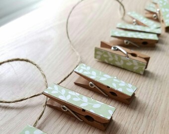 Baby Shower Clothesline Gift - Vintage Green Feathery Branches - Chunky Mini Clothespin Clips w Twine for Display - Set of 12 - Country Chic