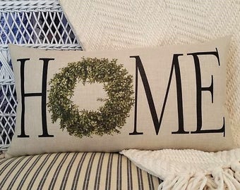 HOME pillow, Boxwood wreath, Magnolia theme, Farmhouse decor, Farmhouse pillow