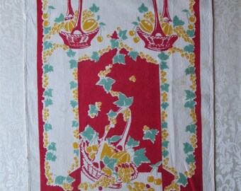 Vintage Tea Towel Red Yellow 1940s Kitchen Linens Fruit Baskets Dish Cloth Hand Towel Table Runner Vintage Linens
