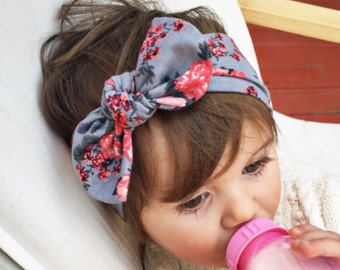 Gray floral top knot headband