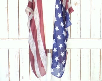 American USA flag print handmade sheer gauzy kimono cardigan cover up/USA/Fourth of July/United States flag top/one size/Limited Edition