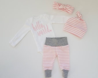Baby Girl Coming Home Outfit. Newborn Girl Coming Home Outfit. Girl Sip and See Outfit. Hello World Pink. Pink Stripe.