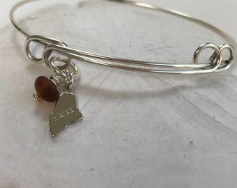 sea glass bracelet with state of Maine charm, Maine charm silver adjustable bangle bracelet, Maine sea glass, brown sea glass bracelet