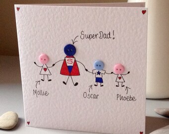Personalised handmade button Superhero Superman Father's Day Dad's Daddy's Birthday Greetings Card - 3 or 4 children