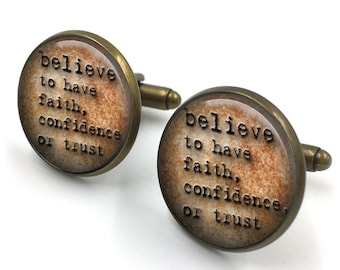 Believe Dictionary Cuff Links, Dictionary Cufflinks, Dictionary Sayings Jewelry, Believe Meaning,Stamped Jewelry, gift for men, gift for him