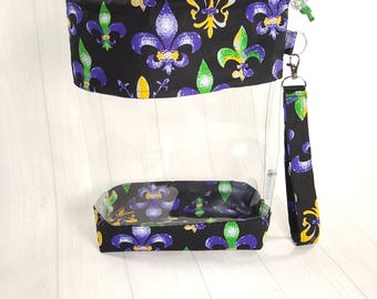 Medium Clear Knitting Project Bag,Fleur de Lis on Black, Clear Vinyl Bag, drawstring Clear window project bag CVM0004