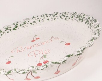 Cherry Pie Plate - Personalized Pie Plate - Ceramic Cherry Pie Dish - Deep Dish Bakeware - Personalized Baking Dish - Hand Painted Gift