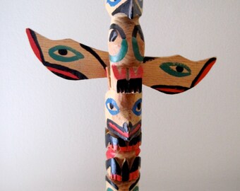 TOTEM POLE Vintage Wooden Hand Painted Hand Carved Totem Pole 70s Northwest Coast