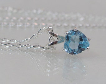 Sky Blue Topaz Heart Necklace in Sterling Silver, 6mm Blue Topaz Gemstone, December Birthstone Jewelry, Valentines Day Gift, Topaz Pendant