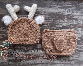 Newborn Crochet Deer Hat and Diaper Cover Set