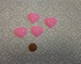 Pink Plastic Heart Cabachons, 1" x 1 1/4", Flat Back (4)