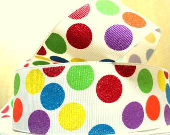 1.5 inch GLITTER POLKA DOTS Printed Grosgrain ribbon, hair bow ribbon, 1, 3, 5, 10 or 25 yards