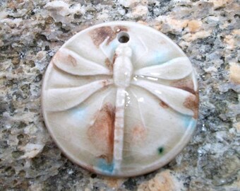 Ceramic Dragonfly Pendant Glazed Brown and Blue