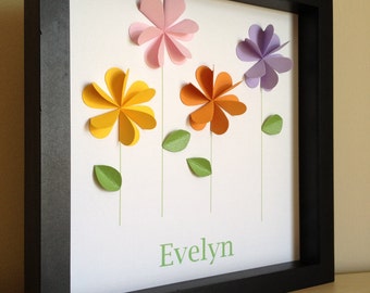 Colorful Flowers Personalized Paper Art- Paper Flowers, Nursery Art, Nursery Decor, Little girl room, made to order, PERSONALIZED