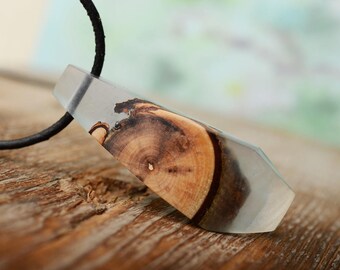 resin and wood pendant, birthday gift for her, statement wood jewelry, boho necklace, artisan wooden pendant
