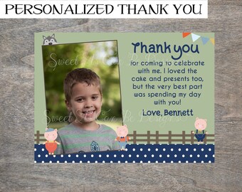 Three Little Pigs Thank you card with photo | Birthday Farm Storybook 3 Huff and Puff Big Bad Wolf Printable